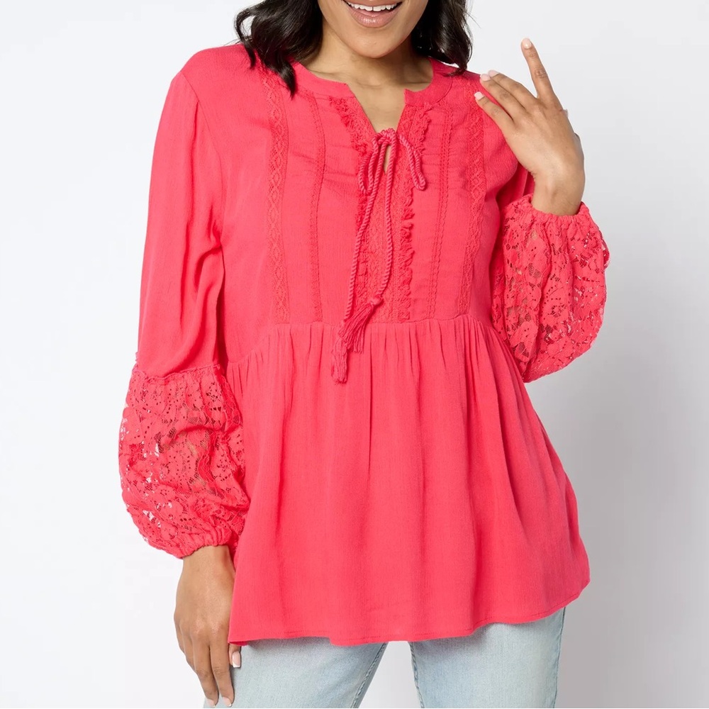 Susan Graver PURE 2XP Coral Sheer Crinkled Gauze Lace And Tassel Tunic Top NWOT